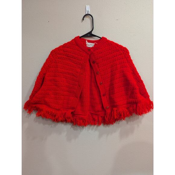 Bright tomato red VINTAGE knit cape poncho by Blue Bird size approx Small - Picture 1 of 7